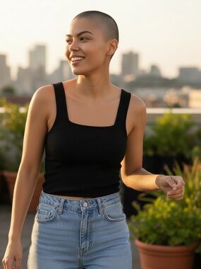 SO Black Ribbed Square-Neck Crop Tank